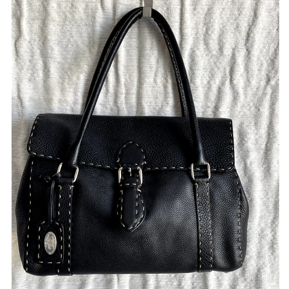 Fendi Selleria Linda Med. Satchel in Black Pebble Grain Leather w/Running Stitch